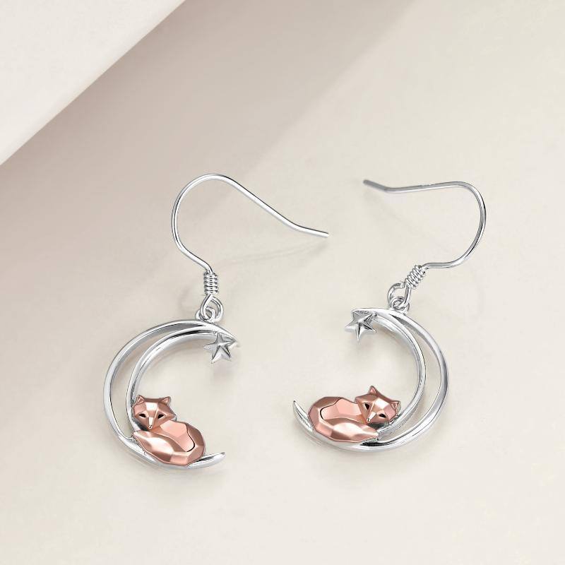 Boucles d'oreilles pendantes renard et lune en argent sterling bicolore-4