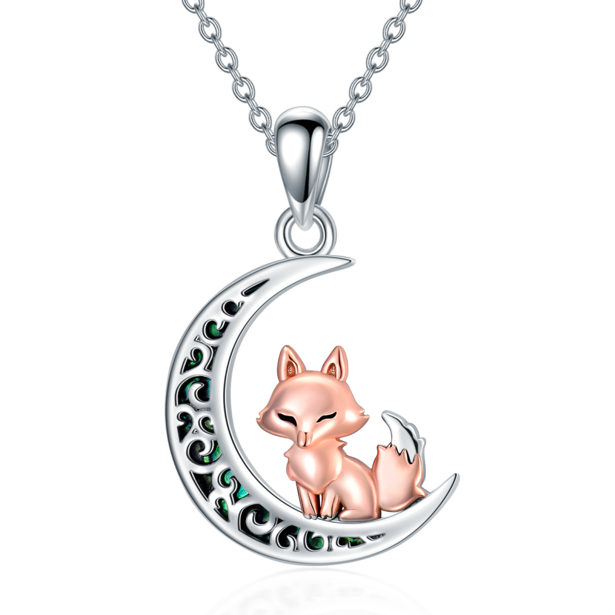 Collana con ciondolo a forma di volpe e luna in argento sterling bicolore-1