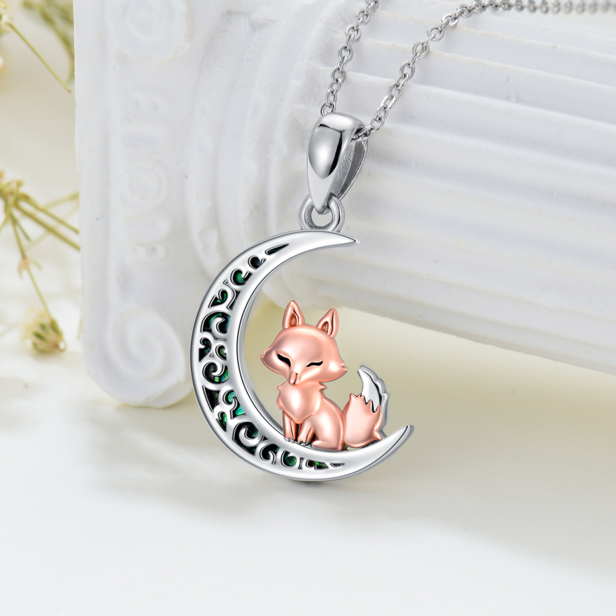 Sterling Silver Two-tone Fox & Moon Pendant Necklace-3