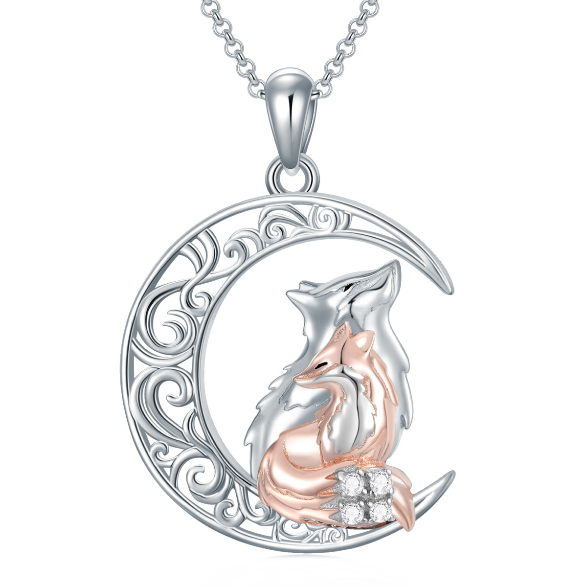 Sterling Silver Two-tone Fox & Moon Pendant Necklace-1