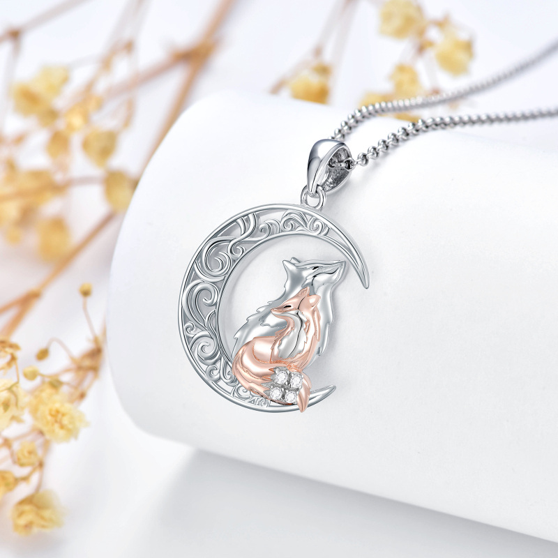 Sterling Silver Two-tone Fox & Moon Pendant Necklace-3