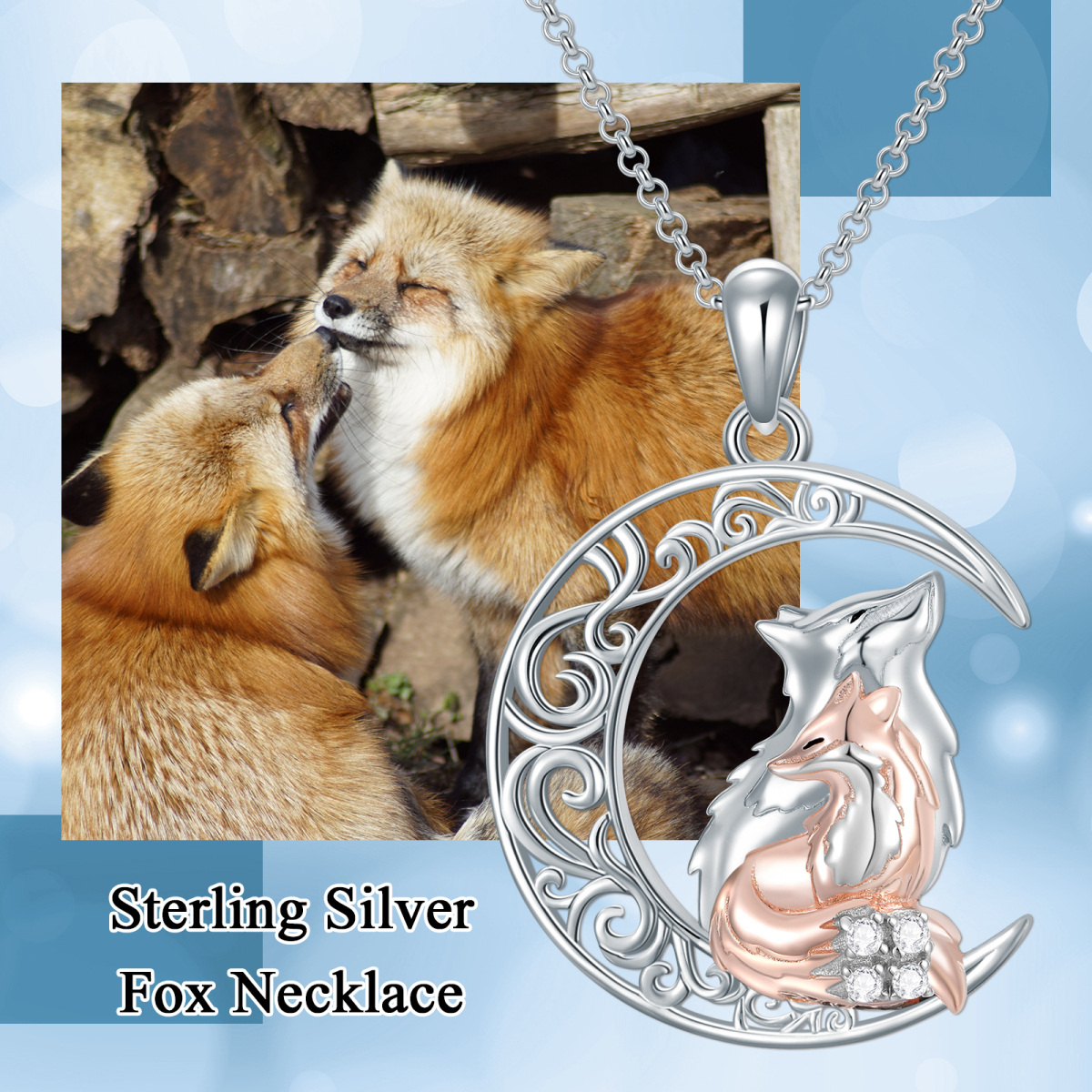 Collier en argent sterling avec pendentif renard et lune bicolore-6