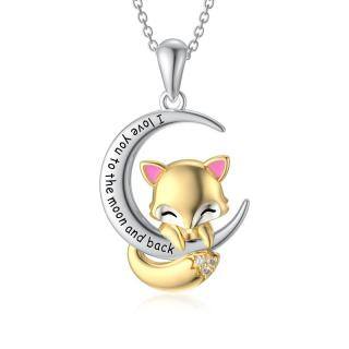 Sterling Silver Two-tone Cubic Zirconia Fox & Moon Pendant Necklace with Engraved Word-5