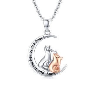 Sterling Silver Two-tone Fox & Moon Pendant Necklace with Engraved Word-30