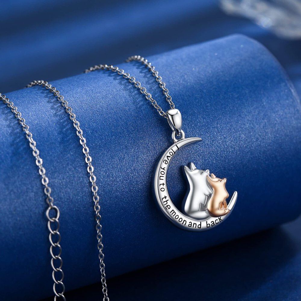 Sterling Silver Two-tone Fox & Moon Pendant Necklace with Engraved Word-3
