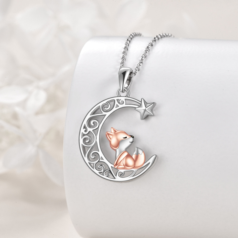 Sterling Silver Two-tone Fox & Moon & Star Pendant Necklace-3