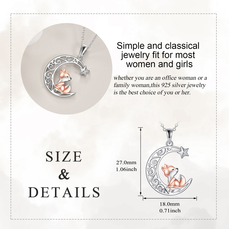 Sterling Silver Two-tone Fox & Moon & Star Pendant Necklace-4