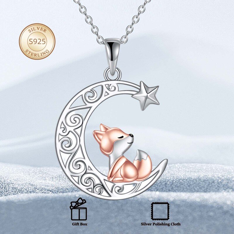 Sterling Silver Two-tone Fox & Moon & Star Pendant Necklace-6