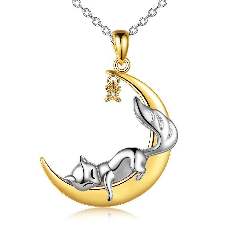 Collar con colgante de estrella y zorro y luna de circonita cúbica de dos tonos de plata de ley para mujer-1