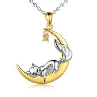 Sterling Silver Two-Tone Cubic Zirconia Fox & Moon With Star Pendant Necklace For Women-5