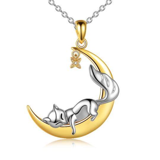 Sterling Silver Two-tone Cubic Zirconia Fox & Moon & Star Pendant Necklace