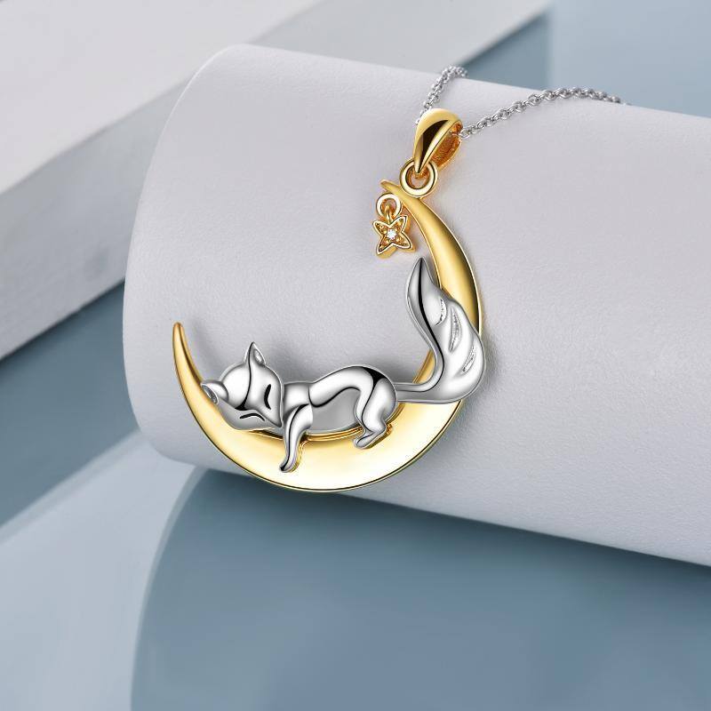 Sterling Silver Two-Tone Cubic Zirconia Fox & Moon With Star Pendant Necklace For Women-3