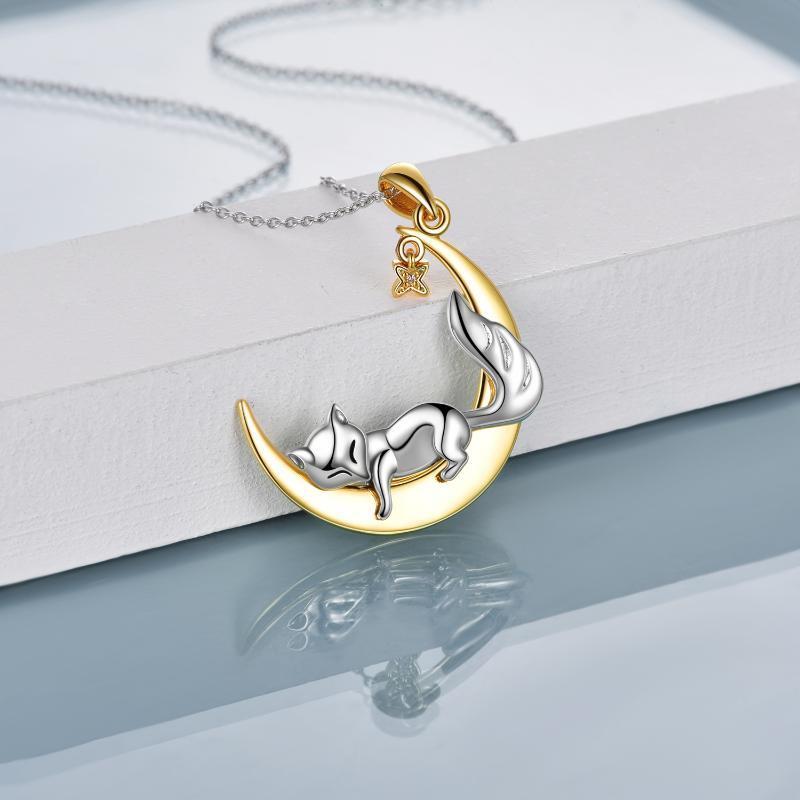 Sterling Silver Two-Tone Cubic Zirconia Fox & Moon With Star Pendant Necklace For Women-4