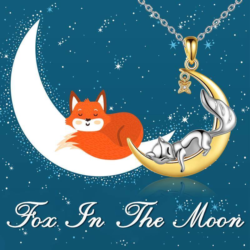 Sterling Silver Two-Tone Cubic Zirconia Fox & Moon With Star Pendant Necklace For Women-5