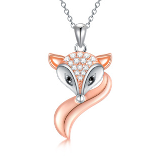 Sterling Silver Two-tone Cubic Zirconia Fox Pendant Necklace-1