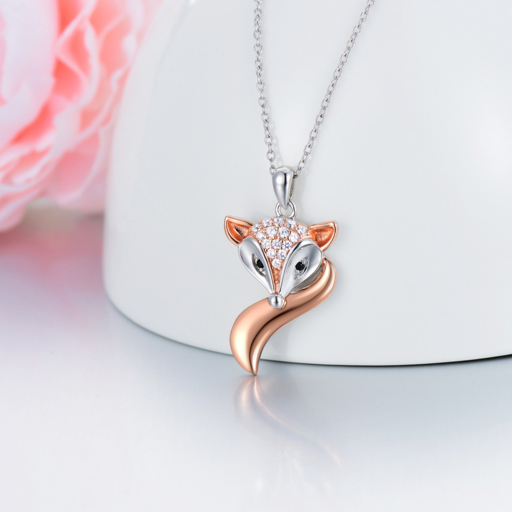 Sterling Silver Two-tone Cubic Zirconia Fox Pendant Necklace-3