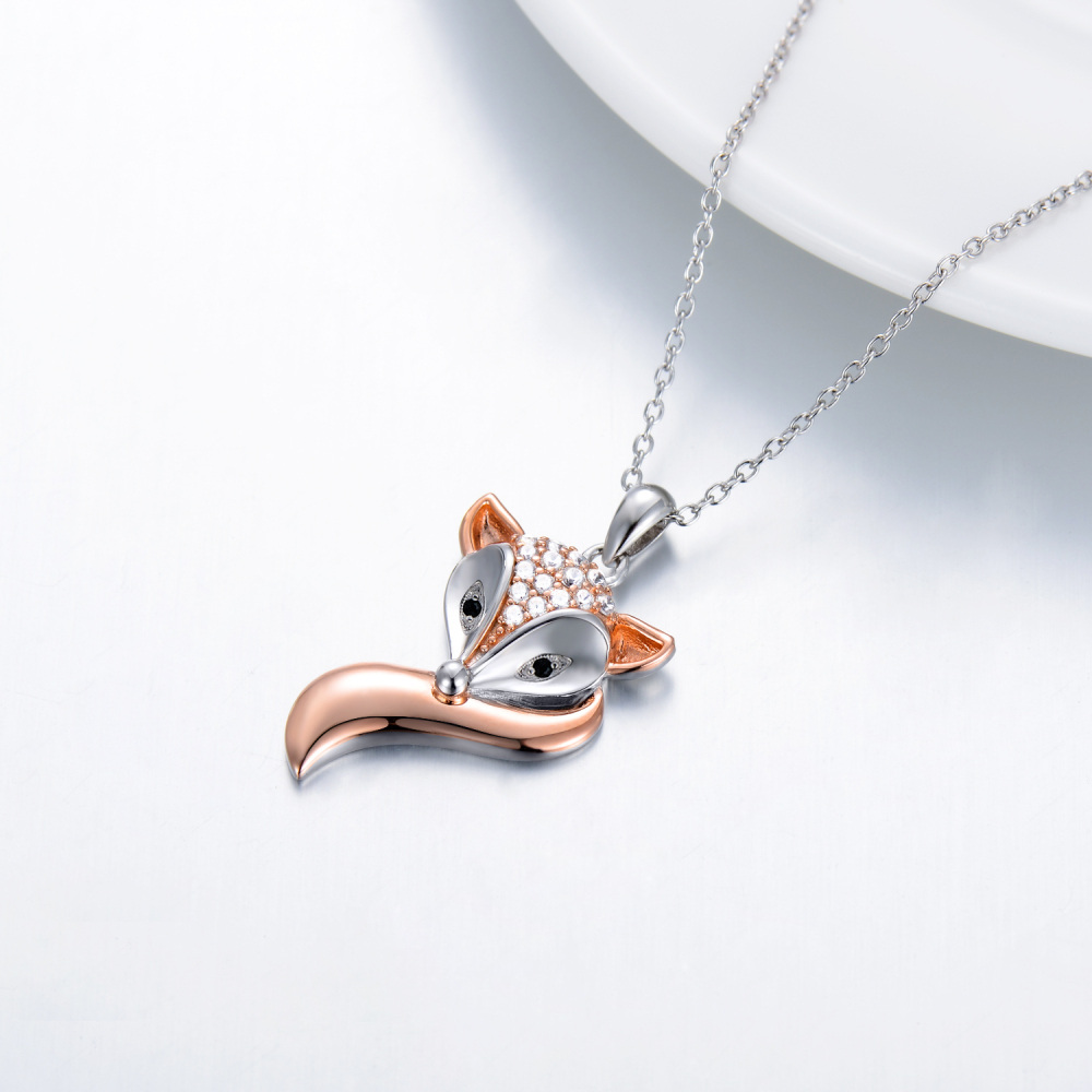 Sterling Silver Two-tone Cubic Zirconia Fox Pendant Necklace-4