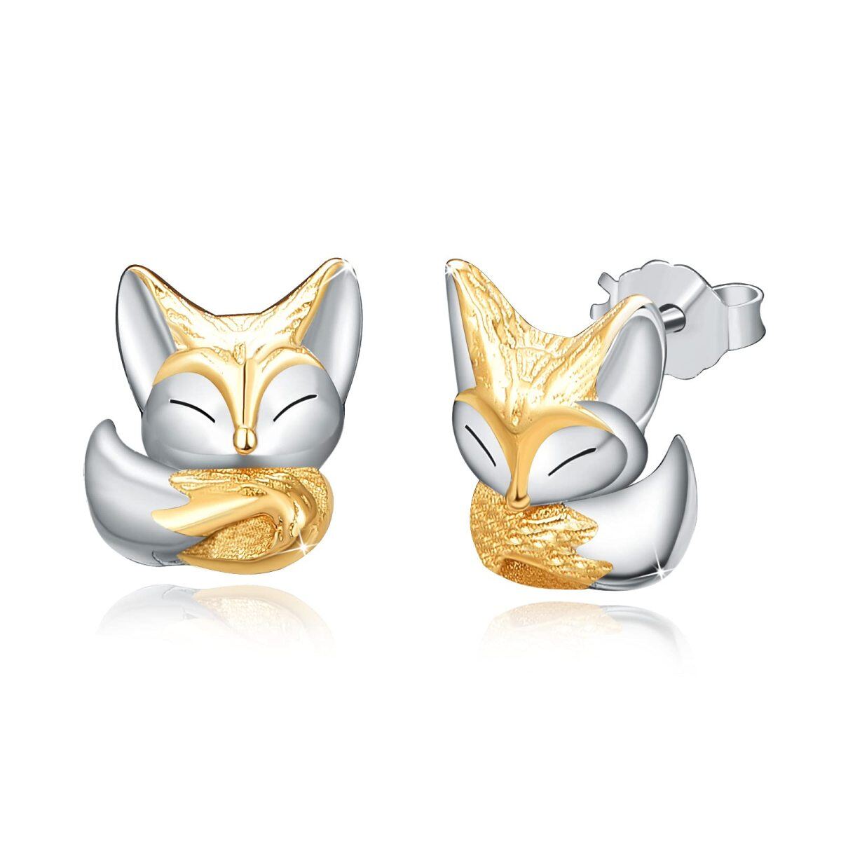 Sterling Silver Two-tone Fox Stud Earrings-1