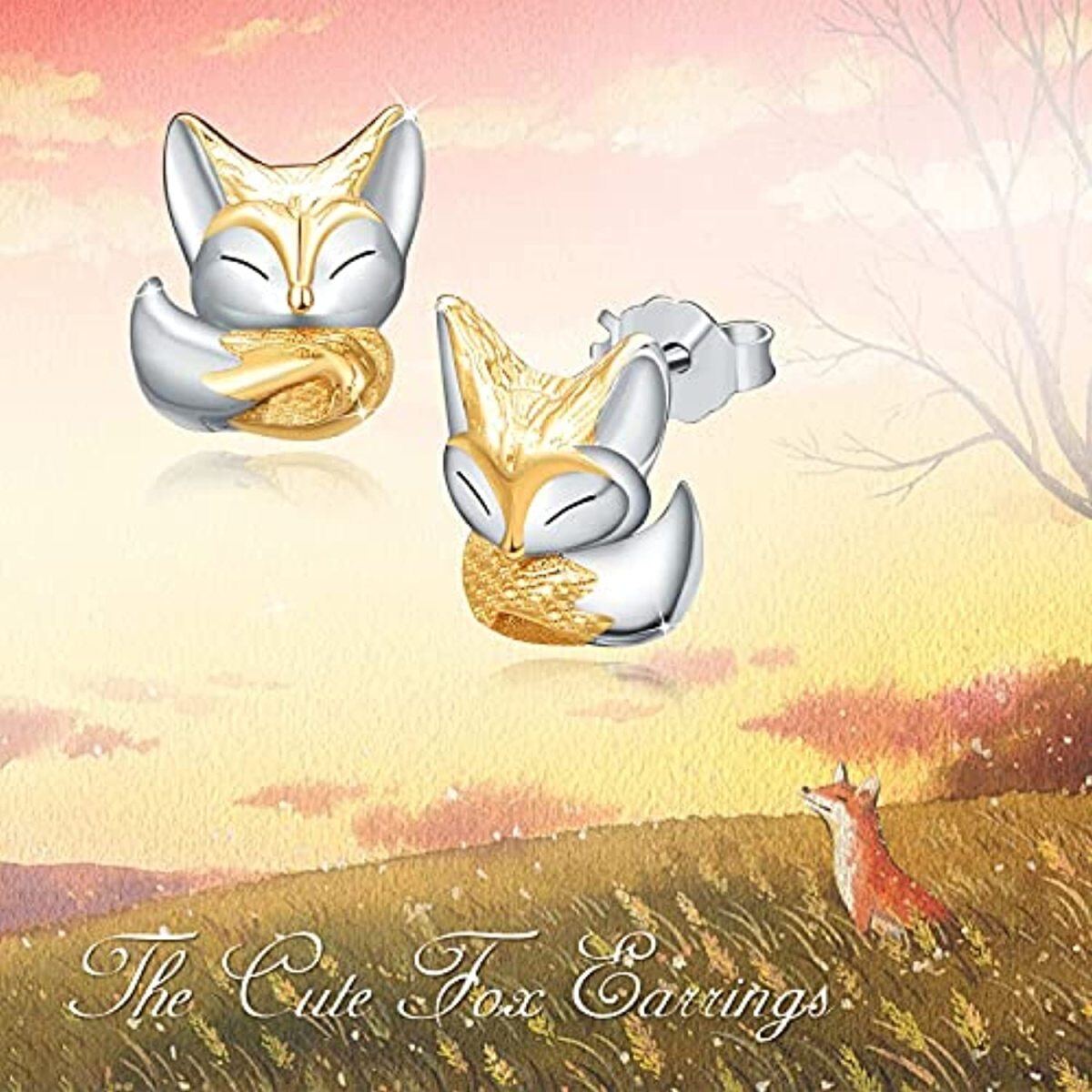 Sterling Silver Two-tone Fox Stud Earrings-5