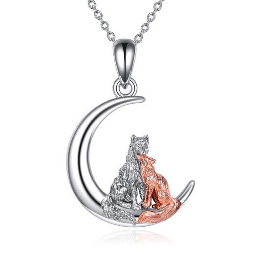 Sterling Silver Two-tone Fox & Wolf & Moon Pendant Necklace