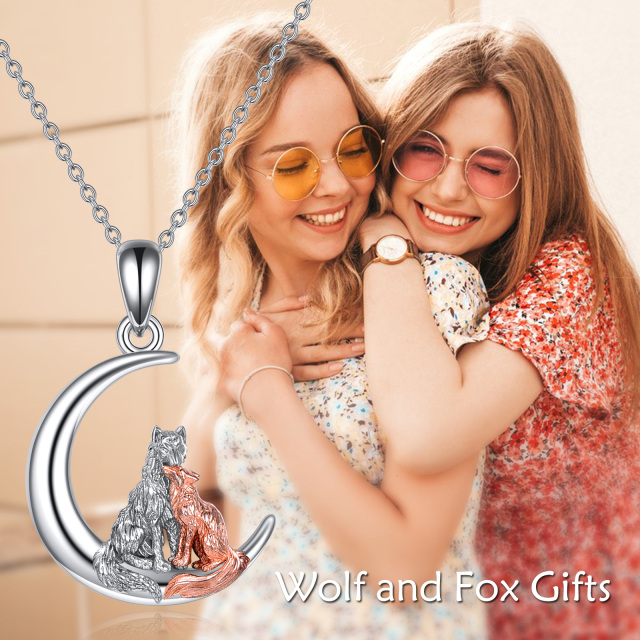 Sterling Silver Two-tone Fox & Wolf & Moon Pendant Necklace-3