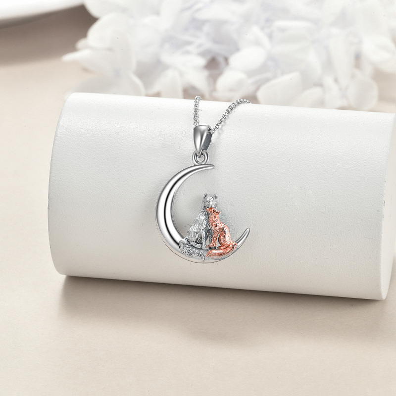 Collar con colgante de luna y lobo de zorro bicolor de plata de ley para mujer-4