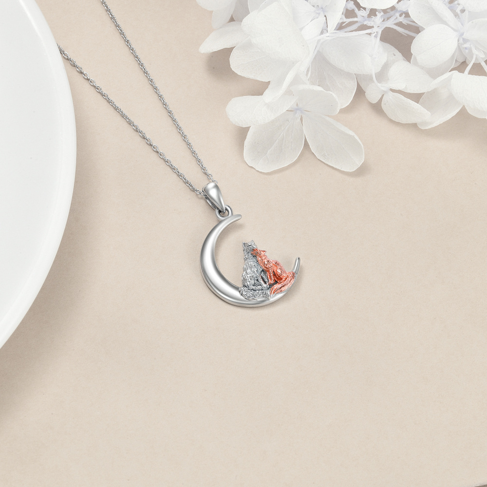 Zweifarbige Halskette mit Anhänger aus Sterlingsilber mit Fuchs, Wolf und Mond für Damen-5