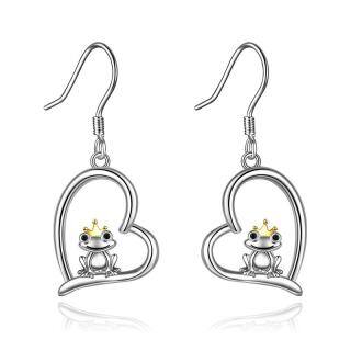 Sterling Silver Two-tone Frog & Heart Drop Earrings-46