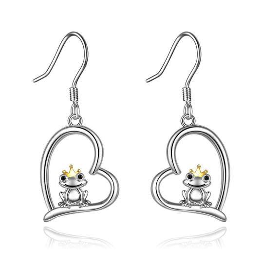 Pendants d'oreilles grenouille et cœur en argent sterling bicolore