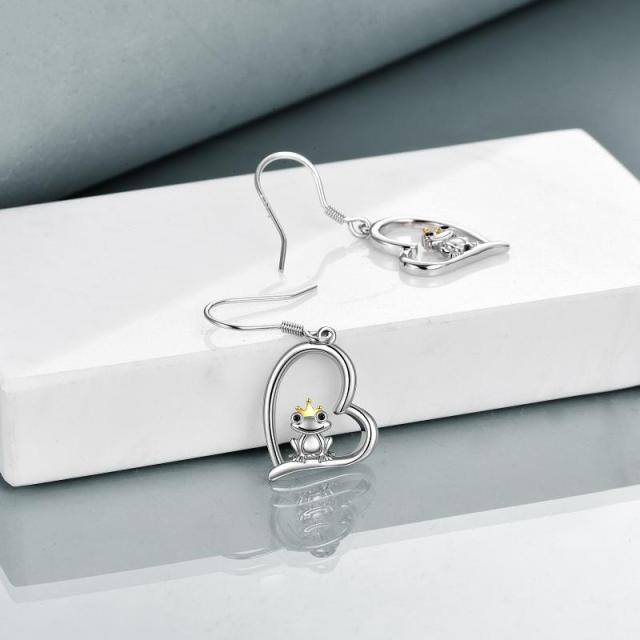 Sterling Silver Two-tone Frog & Heart Drop Earrings-3