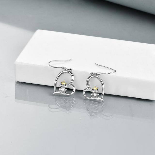 Pendants d'oreilles grenouille et cœur en argent sterling bicolore-4