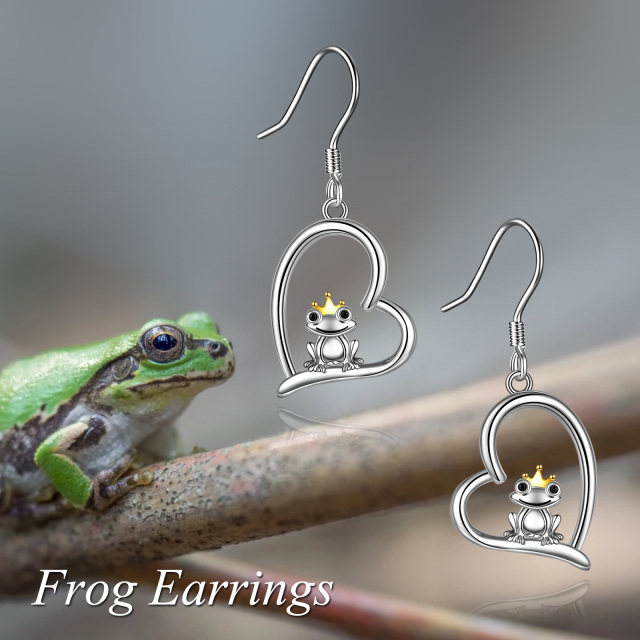 Pendants d'oreilles grenouille et cœur en argent sterling bicolore-6