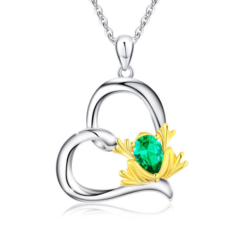 Sterling Silver Two-tone Cubic Zirconia Frog & Heart Pendant Necklace-4