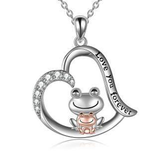 Sterling Silver Two-tone Cubic Zirconia Frog & Heart Pendant Necklace with Engraved Word-48