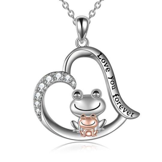 Sterling Silver Two-tone Cubic Zirconia Frog & Heart Pendant Necklace with Engraved Word