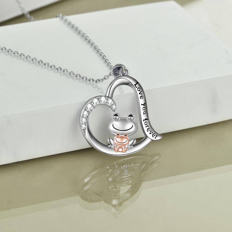 Sterling Silver Two-tone Cubic Zirconia Frog & Heart Pendant Necklace with Engraved Word-3