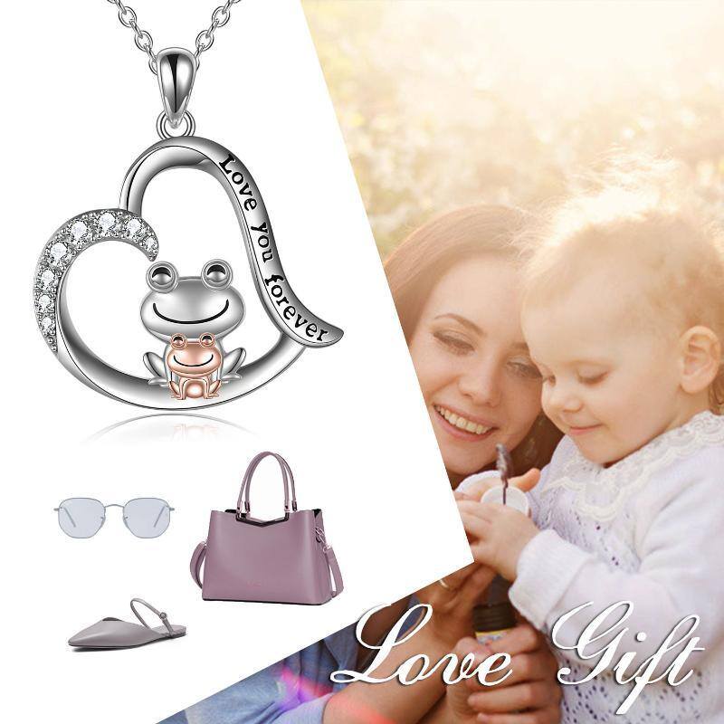 Sterling Silver Two-tone Cubic Zirconia Frog & Heart Pendant Necklace with Engraved Word-4