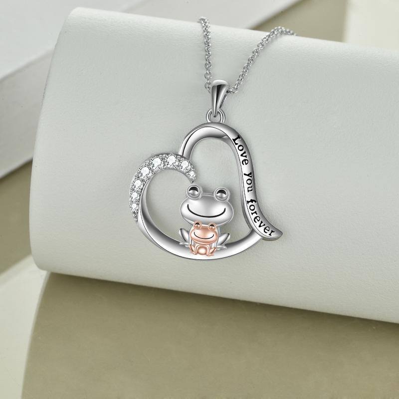 Sterling Silver Two-tone Cubic Zirconia Frog & Heart Pendant Necklace with Engraved Word-5