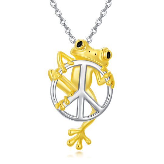 Sterling Silver Two-tone Frog & Peace Symbol Pendant Necklace