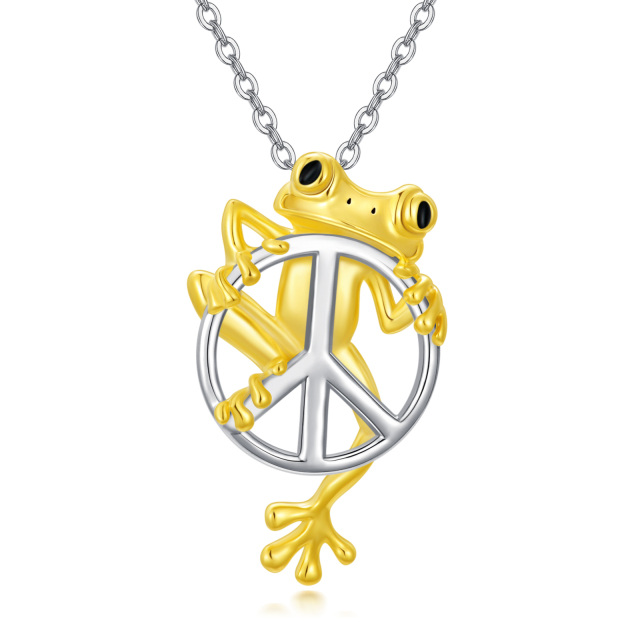 Sterling Silver Two-tone Frog & Peace Symbol Pendant Necklace-3