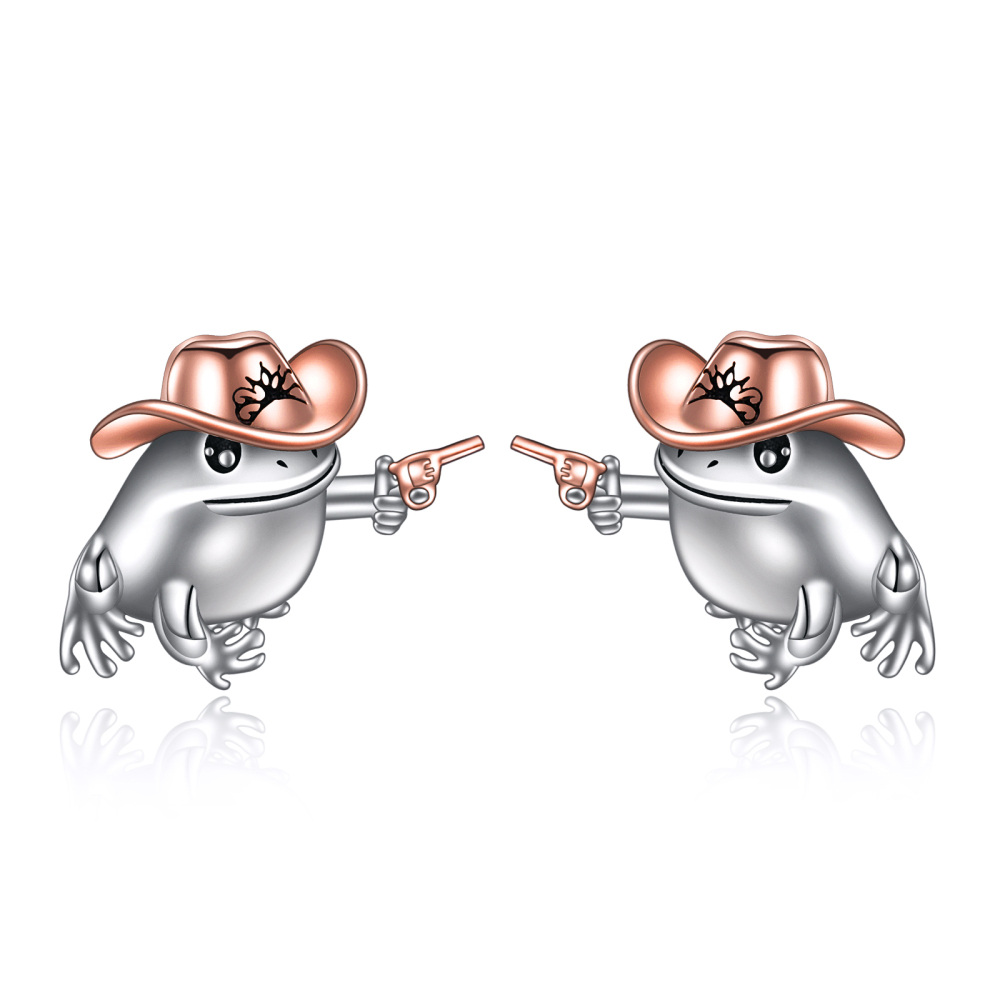 Sterling Silver Two-tone Frog Stud Earrings-1
