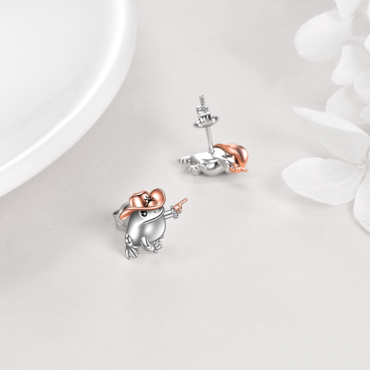 Boucles d'oreilles grenouille en argent sterling bicolore-4