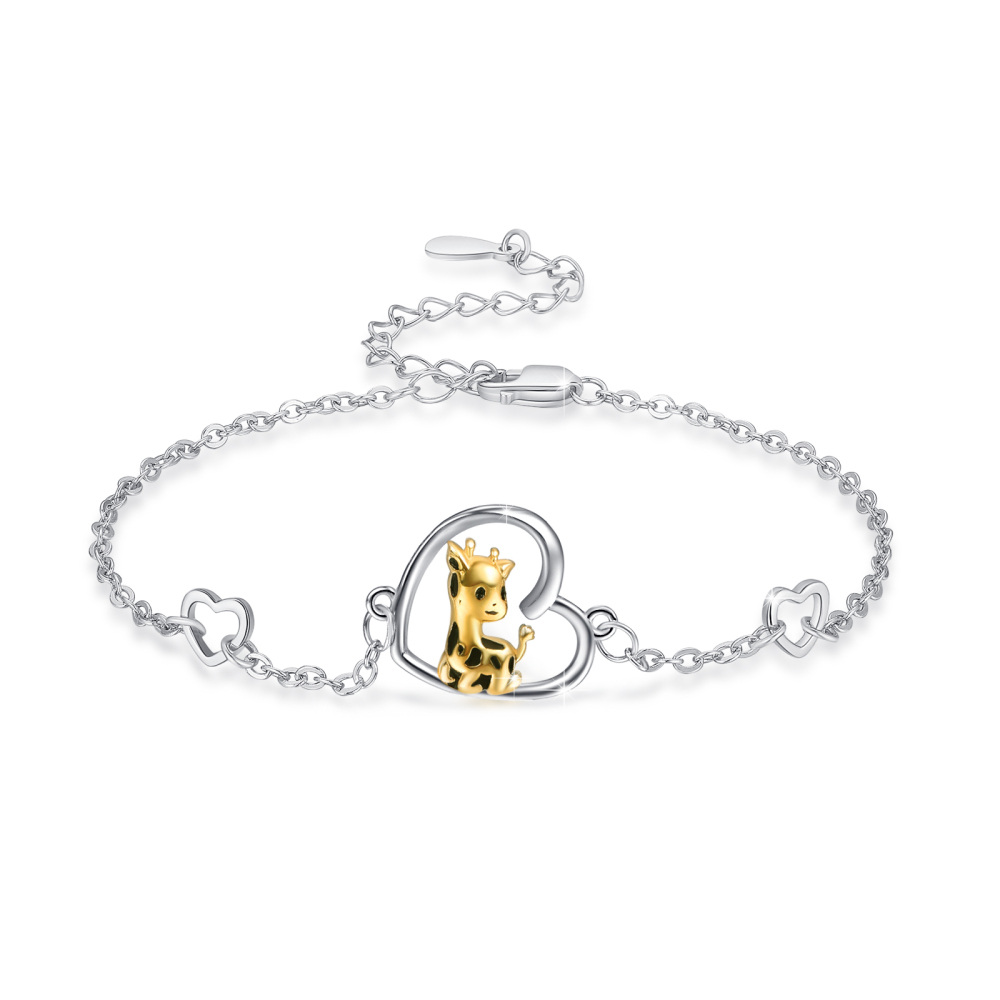 Sterling Silver Two-tone Giraffe & Heart Charm Bracelet-1