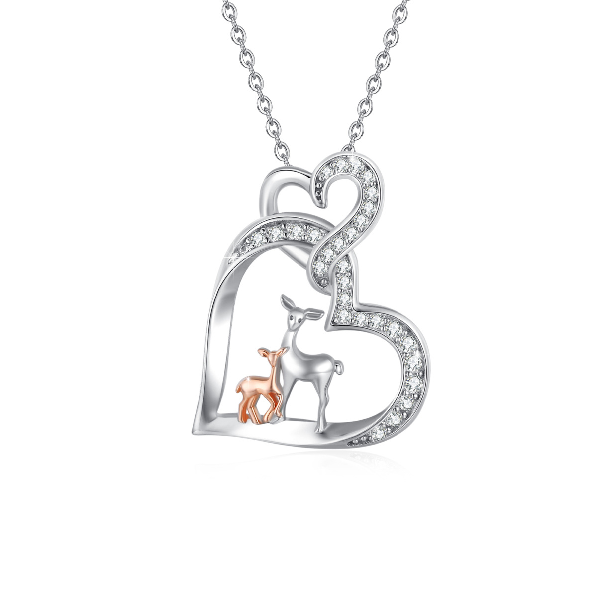 Sterling Silver Two-Tone Cubic Zirconia Giraffe Heart With Heart Pendant Necklace For Women-1