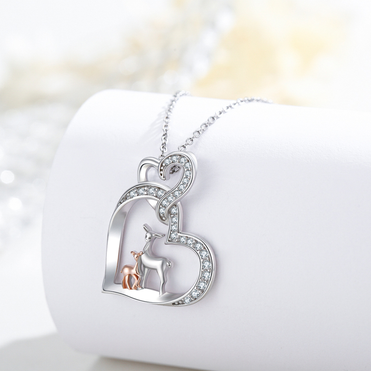 Sterling Silver Two-Tone Cubic Zirconia Giraffe Heart With Heart Pendant Necklace For Women-4