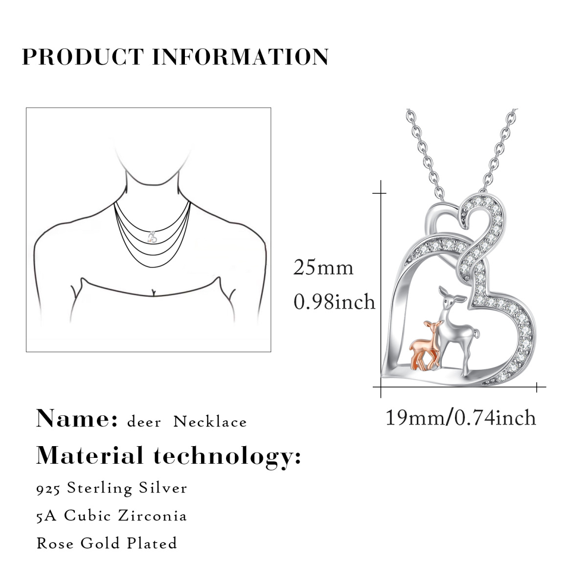 Halskette mit zweifarbigem Giraffenherz und Herzanhänger aus Sterlingsilber mit kubischem Zirkonia für Damen-5