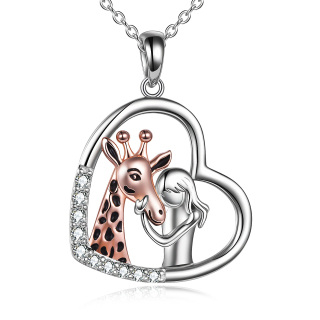 Sterling Silver Two-tone Cubic Zirconia Giraffe & Heart Pendant Necklace-59