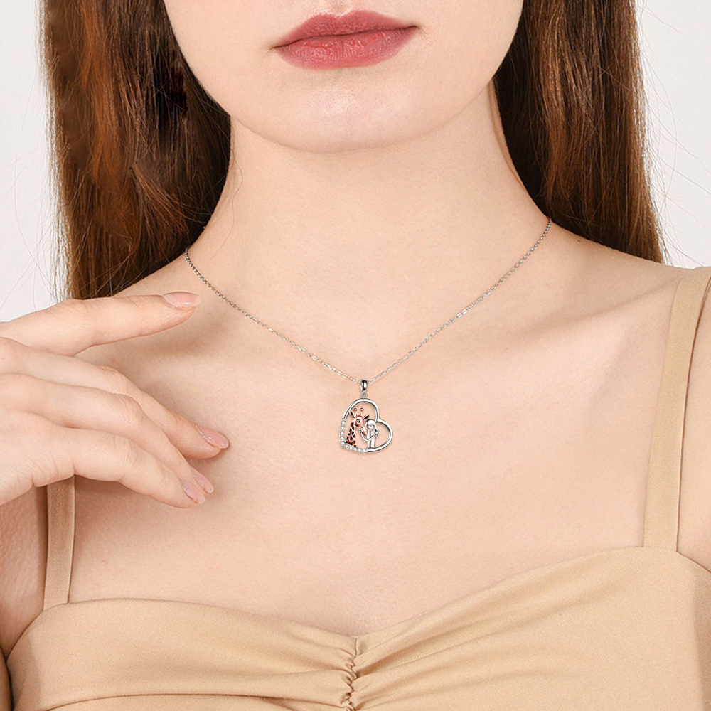 Sterling Silver Two-tone Cubic Zirconia Giraffe & Heart Pendant Necklace-2