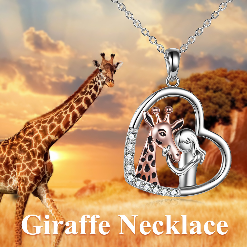 Sterling Silver Two-tone Cubic Zirconia Giraffe & Heart Pendant Necklace-3
