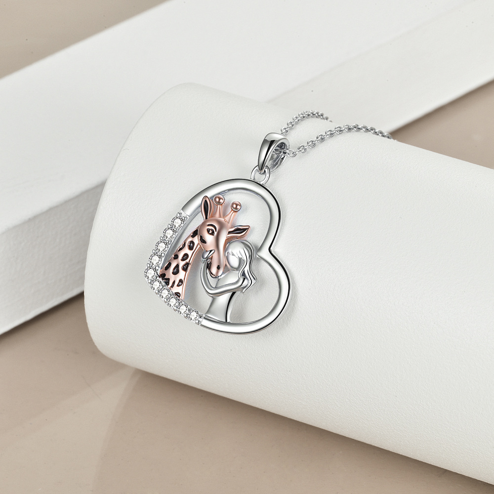 Sterling Silver Two-tone Cubic Zirconia Giraffe & Heart Pendant Necklace-4
